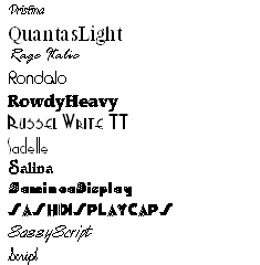 Pristina Quantas-Light Rage-Italic Rondalo Rowdy Russel-Write Sadelle Salina Saminoa-Display Sash-Display Sassy-Script Script