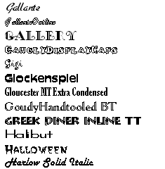 Gallante Gallante-Outline Gallery Gangly-Display Gigi Glockenspiel Gloucester Goudy-HandTooled Greek-Diner Halibut Halloween Harlow-Solid